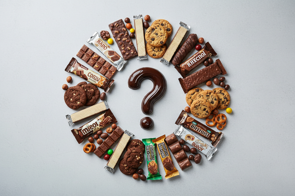 schokolade snacks und ein fragezeichen in der mitte